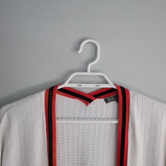 89th & Madison Open Front Oversized White Small Knit Red Collar Sweater Cardigan - Picture 4 of 11